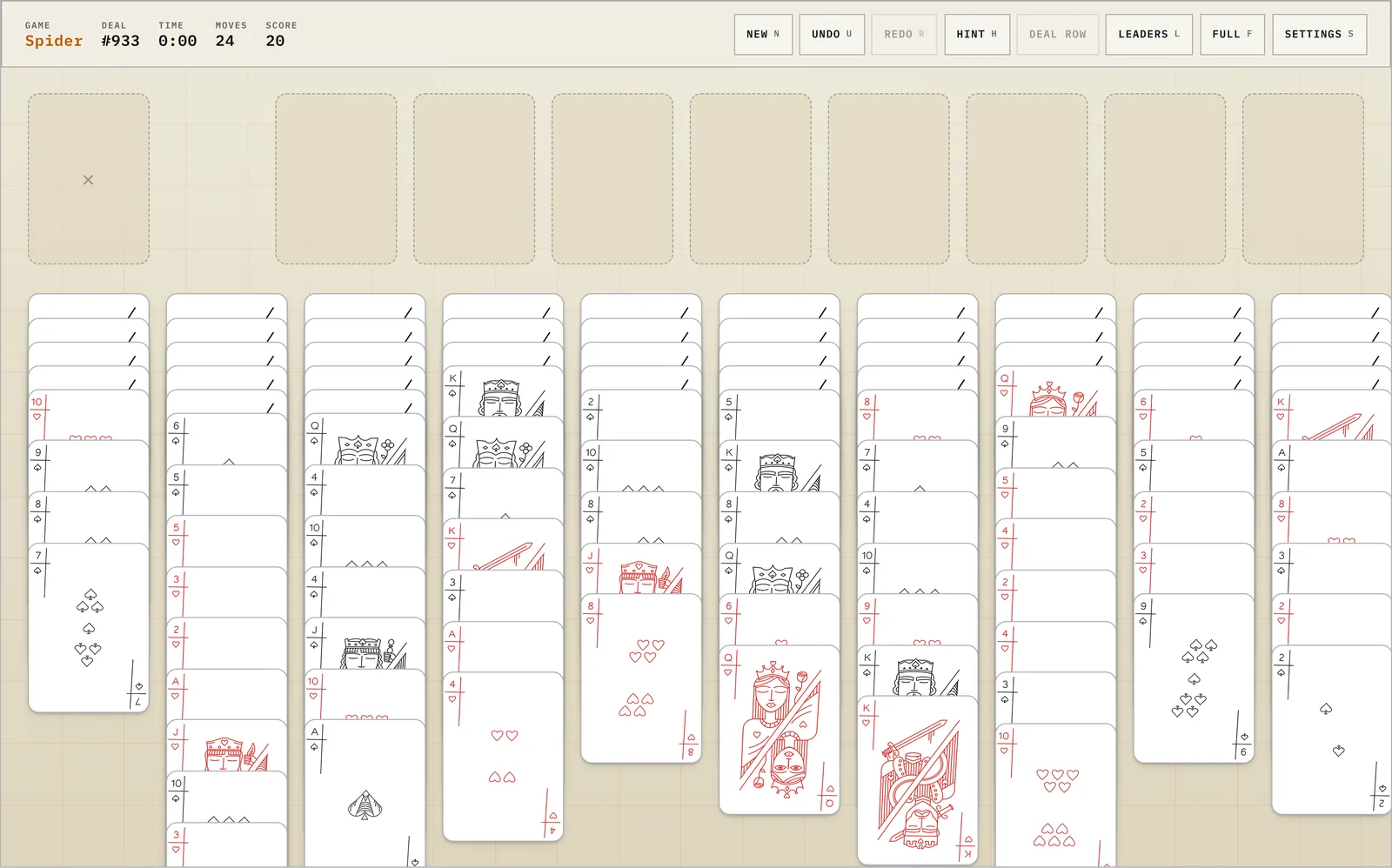 A game of two-suit Spider solitaire with ten tableau columns of overlapping cards
