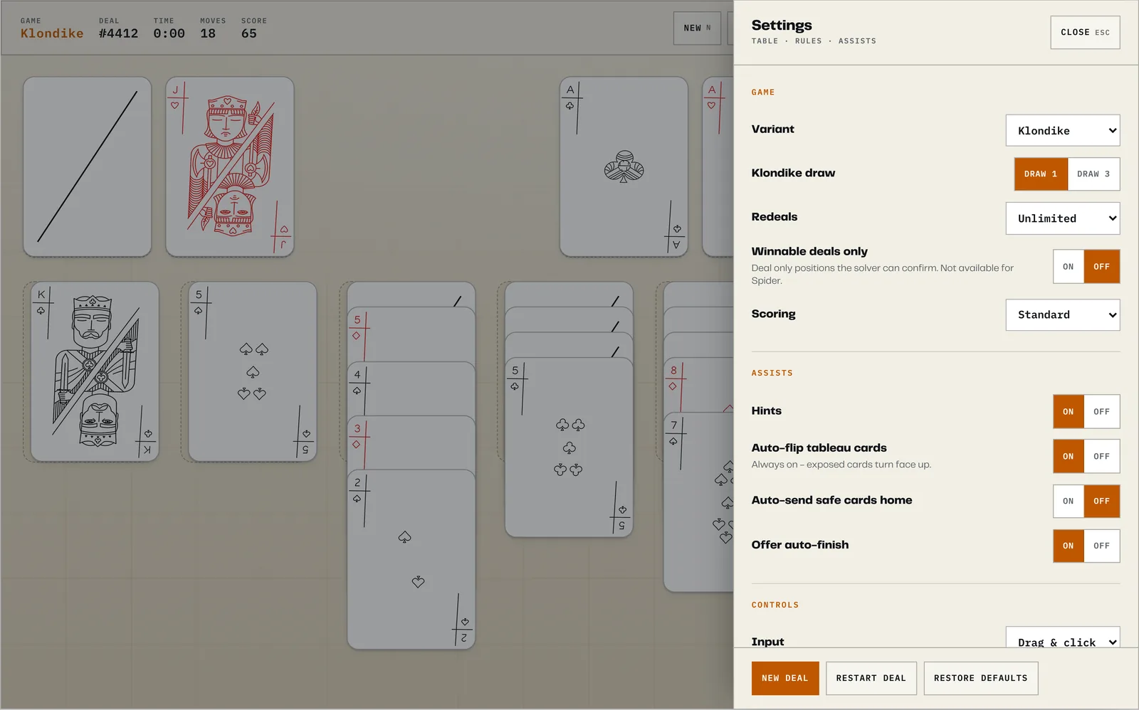A settings panel over the game listing variant, draw, redeal, scoring and assist options