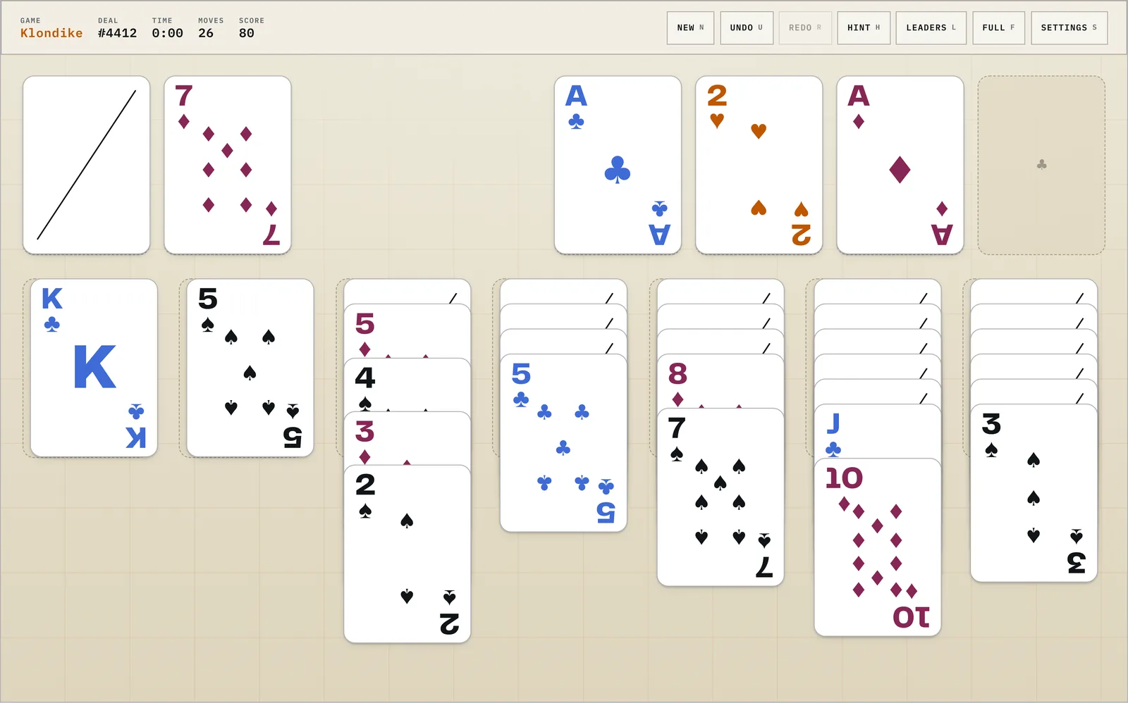 The same Klondike deal drawn with plain programmatic pip faces instead of the illustrated deck