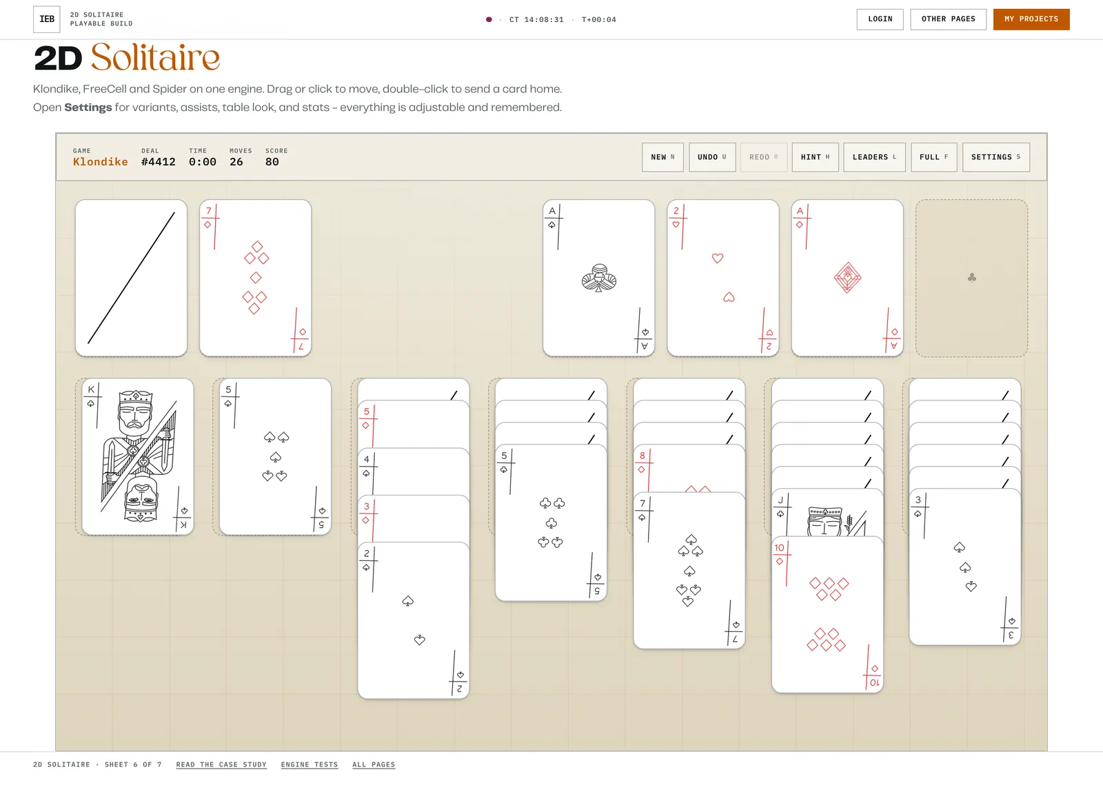 The 2D Solitaire page with site header, title and the game board filling the width below it