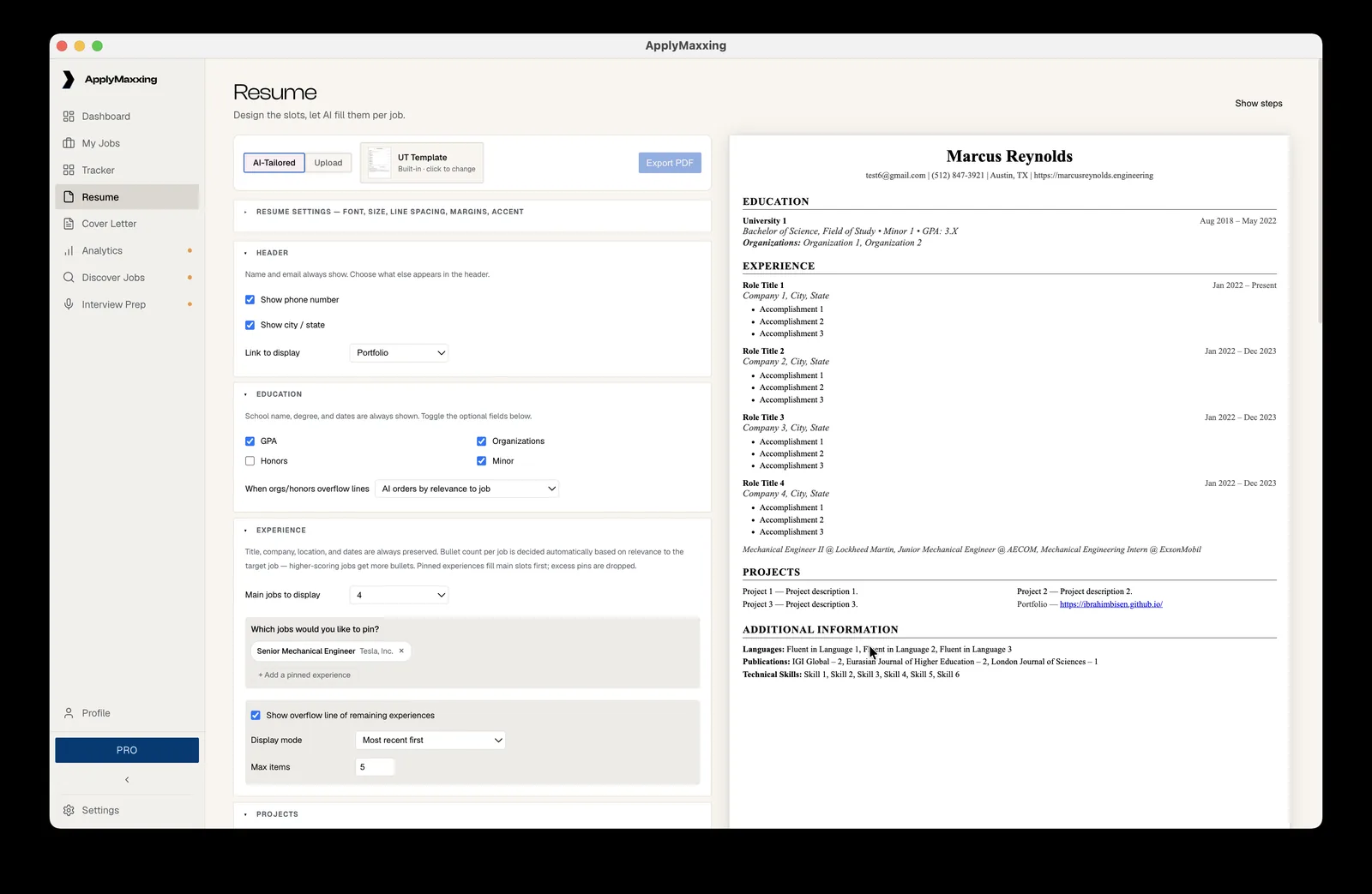 The resume editor: a form of experience bullet points beside a live preview of the formatted resume