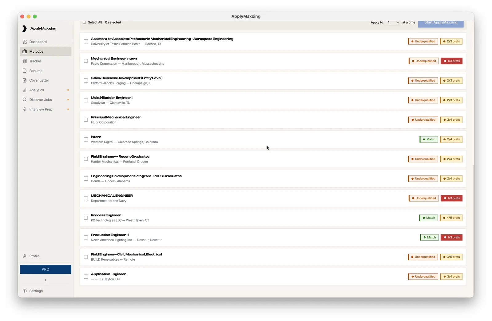 A list of job postings, each row tagged with a green Match badge or a red Underqualified badge
