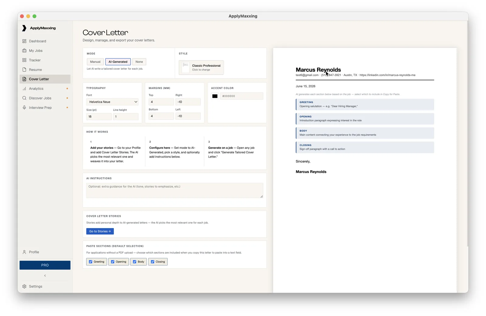 The cover letter screen with tone and style controls on the left and a generated letter on the right