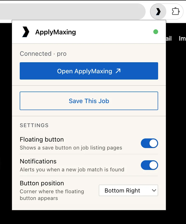 The extension popup reading Connected, with buttons to open the app and save the current job