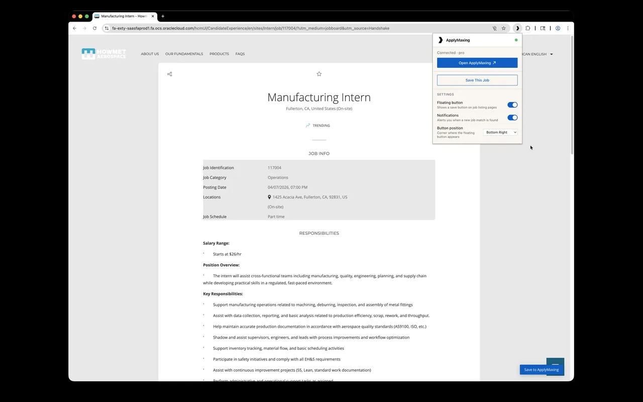 A job posting open in a browser with the ApplyMaxxing extension popup overlaid at the right