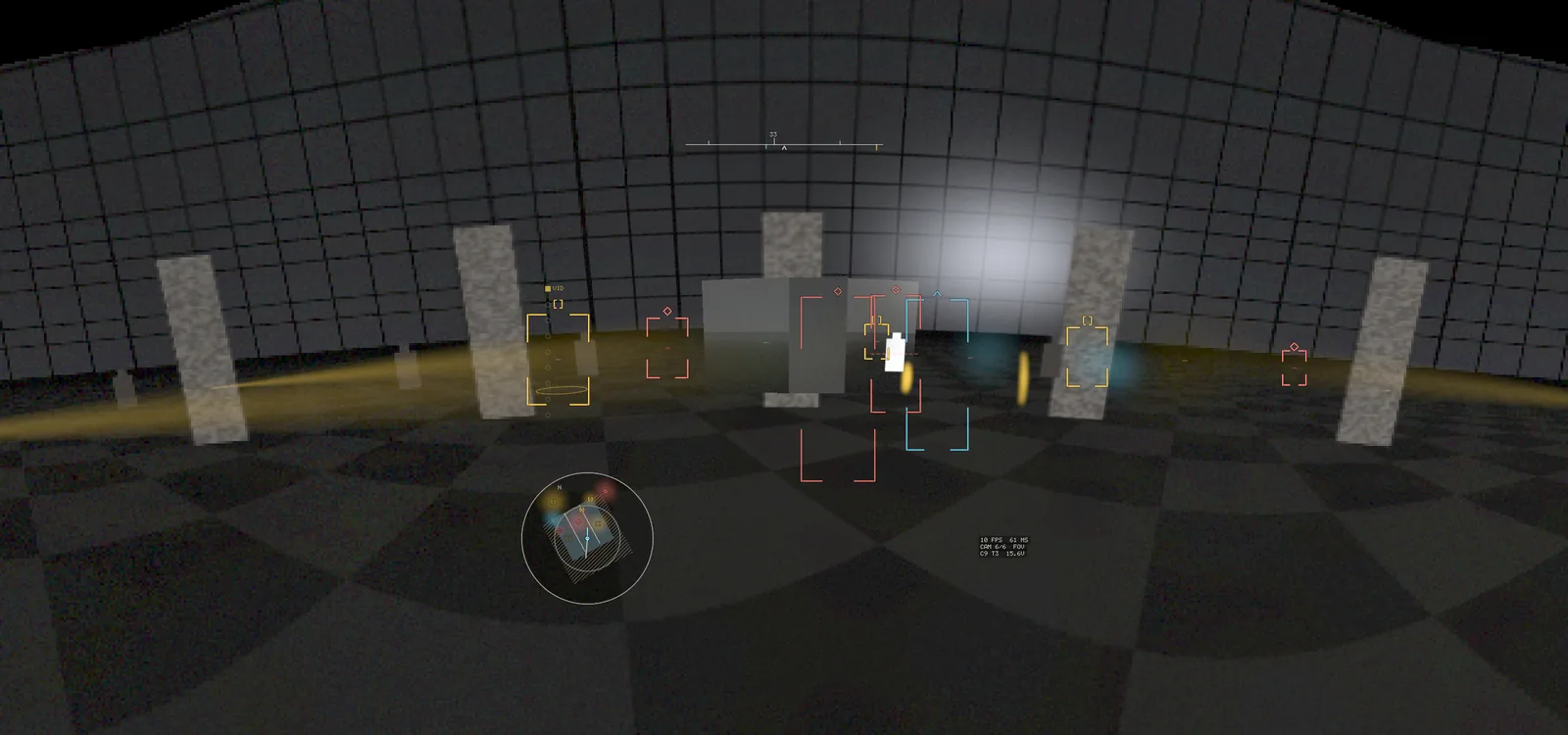 A wide, very dark panoramic render of a synthetic arena with pillars and a checkered floor, overlaid with red, cyan and amber contact brackets, a compass ribbon along the top and a circular minimap at the bottom left