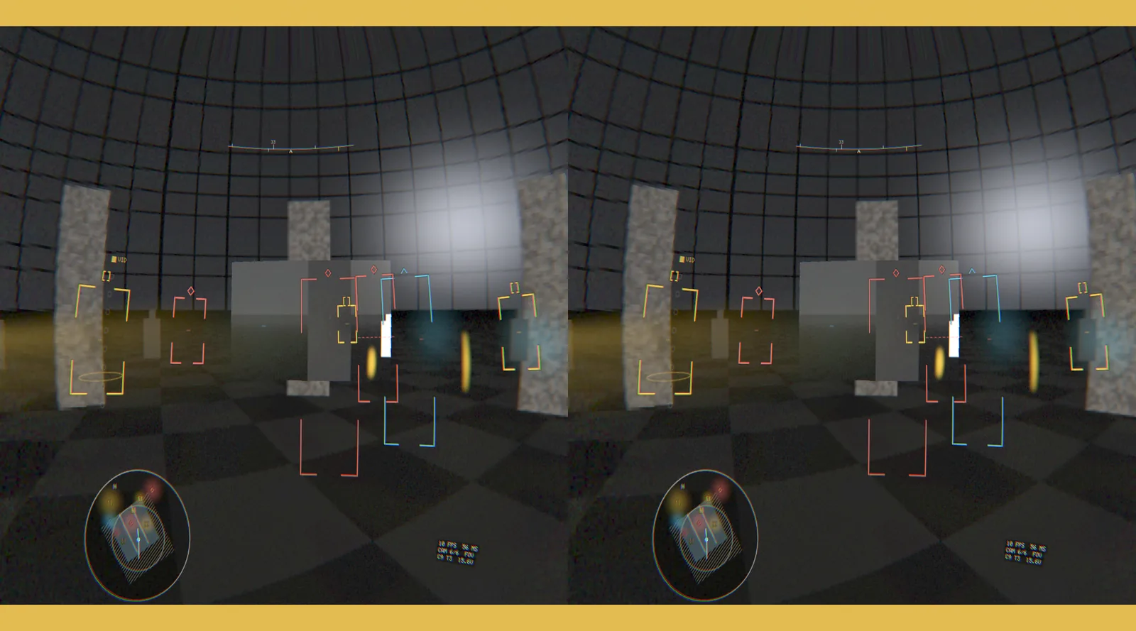 A side by side stereo pair of the same dark arena view, each eye showing a barrel distorted image with contact brackets and a white hot thermal figure, framed by amber warning bands at the top and bottom