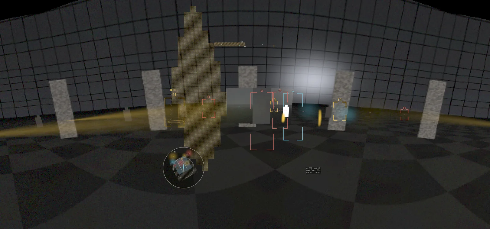 The same panoramic arena render with a tall cross hatched amber wedge covering the sector one camera used to see, and a small status readout reading CAM 5 of 6