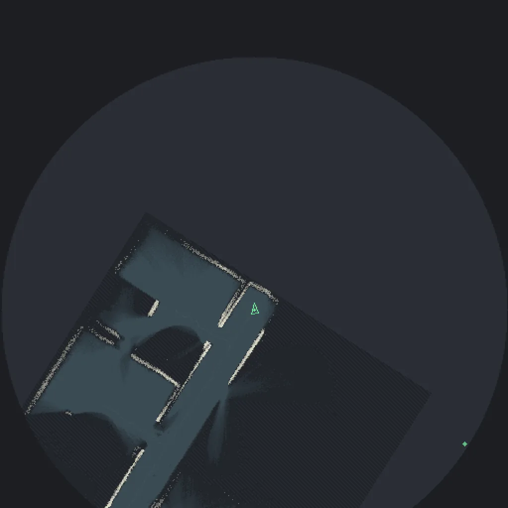 A dark circular minimap render showing a rotated floor plan in blue grey and cream, with a small green triangle marking the viewer's position and heading