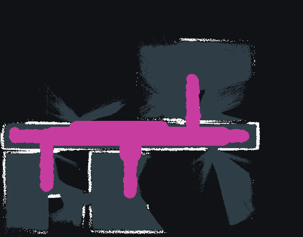 An occupancy grid render on a near black background, with white walls, dark blue grey floor regions and a thick magenta shape running across the middle