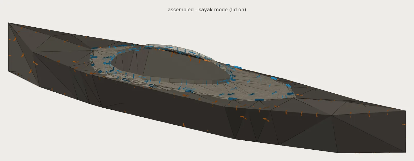 A CAD render of the assembled kayak with a translucent deck showing hundreds of small blue brackets and orange ribs inside