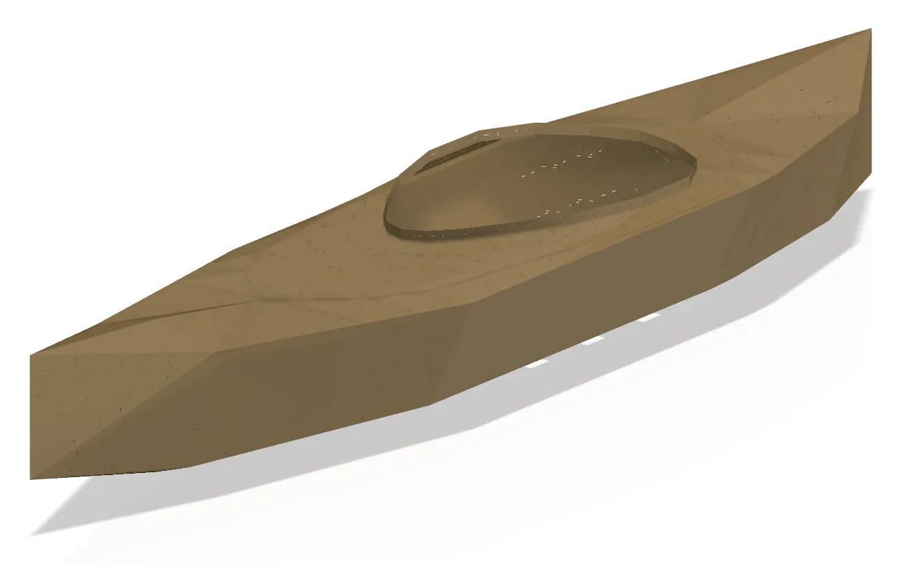 A render of a hard-chined sea kayak in olive-gold basalt laminate, seen from three quarters ahead