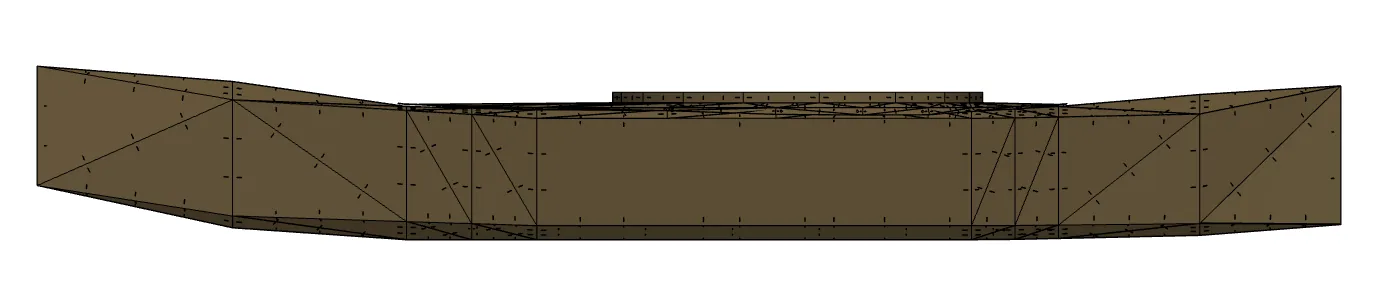 A side elevation render of the untextured kayak hull showing panel seams as straight lines