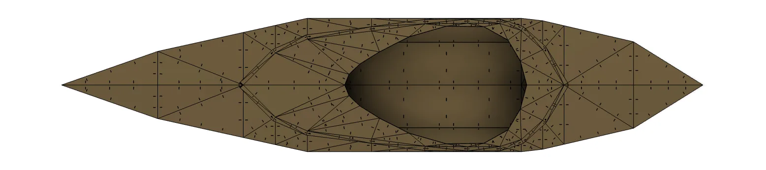 A top-down render of the untextured kayak showing the faceted deck and the oval cockpit opening