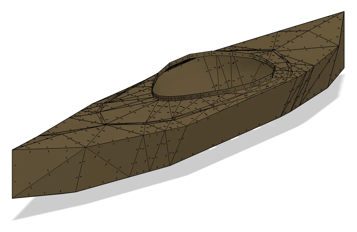A three-quarter render of the untextured kayak hull showing the hard chine running the length of the boat