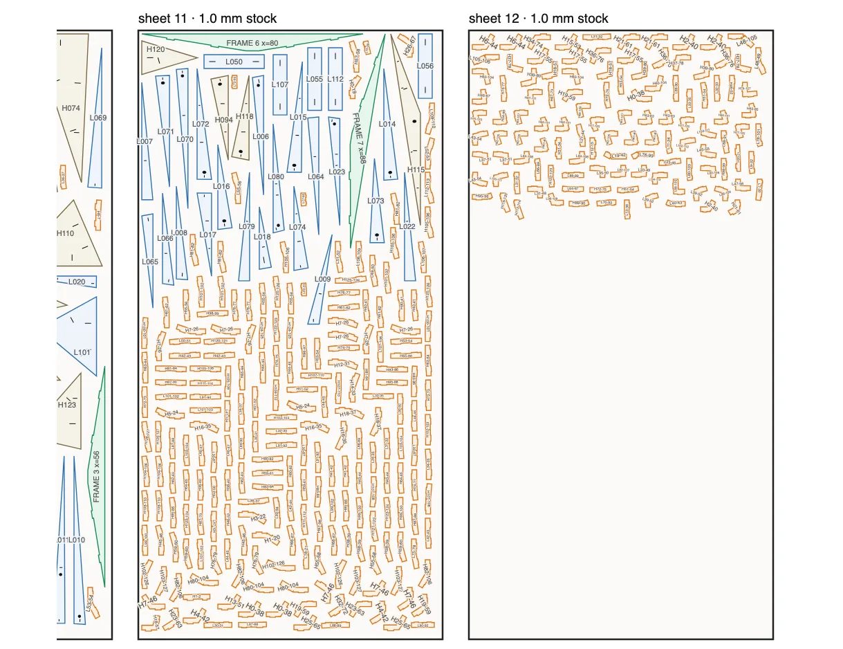 A detail of the cut plan showing two sheets densely packed with hundreds of small orange bracket outlines