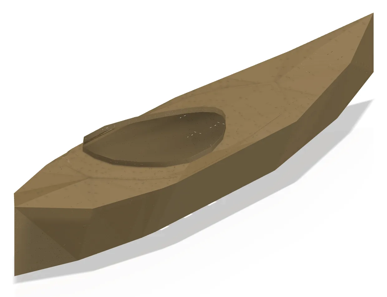 A render of the kayak in olive-gold basalt laminate seen from three quarters astern