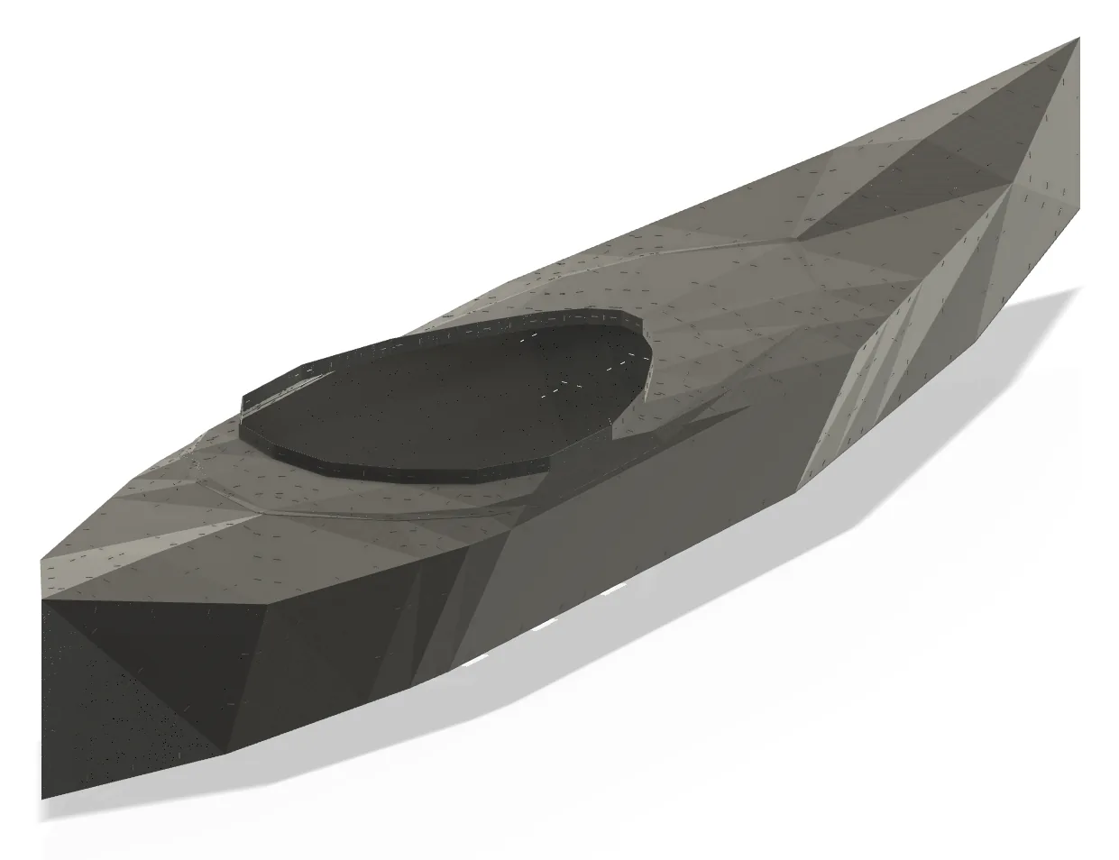 A render of the same kayak in dark grey carbon laminate seen from three quarters astern