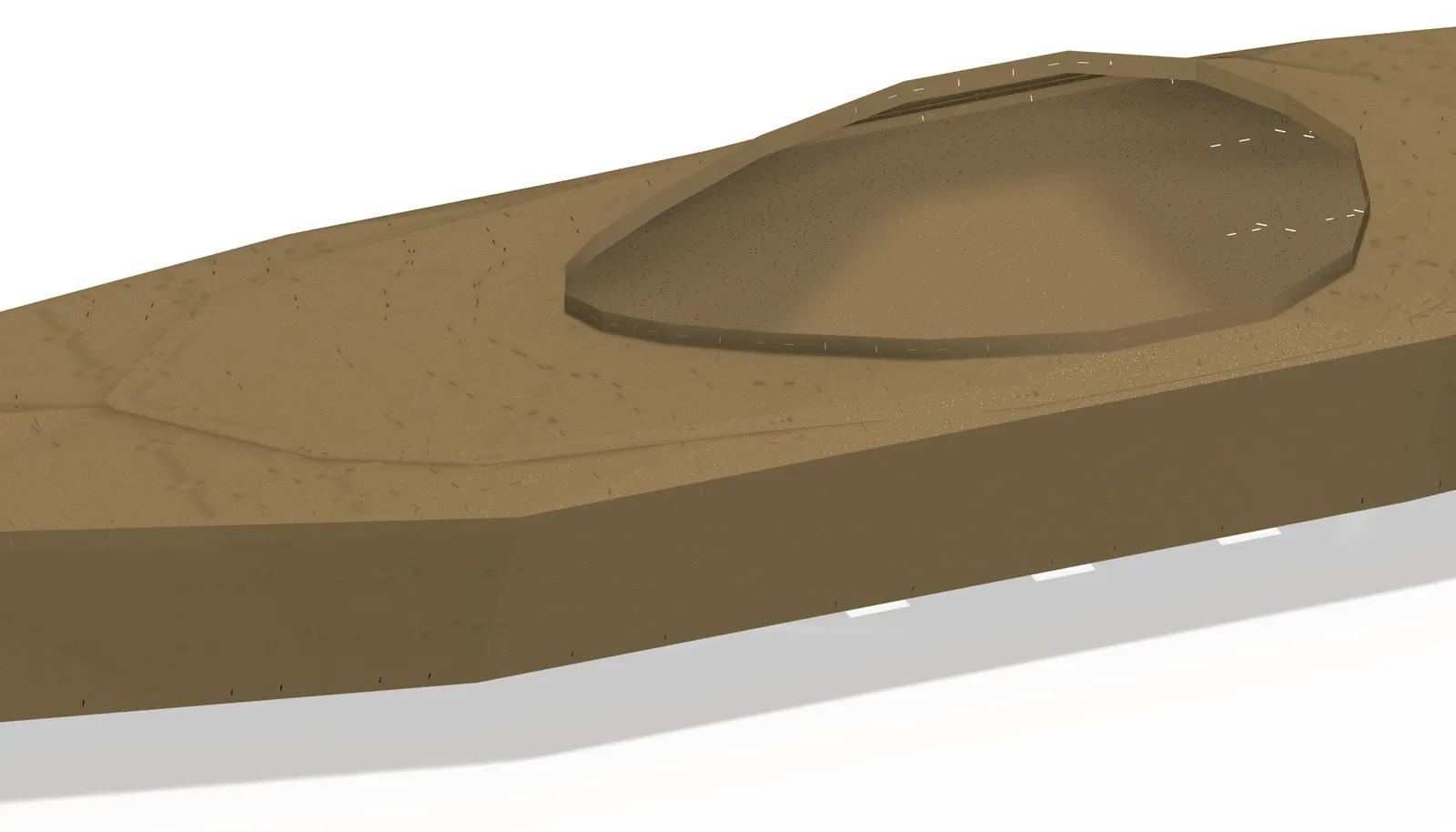A close render of the kayak cockpit opening in basalt laminate, with a raised coaming ring and small slots visible in the deck