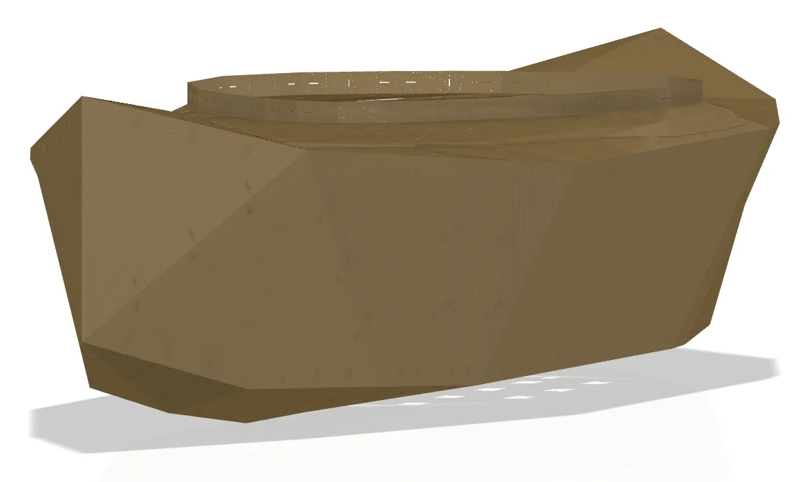 A low head-on render of the basalt kayak bow showing the vee bottom and the two chines meeting at the stem