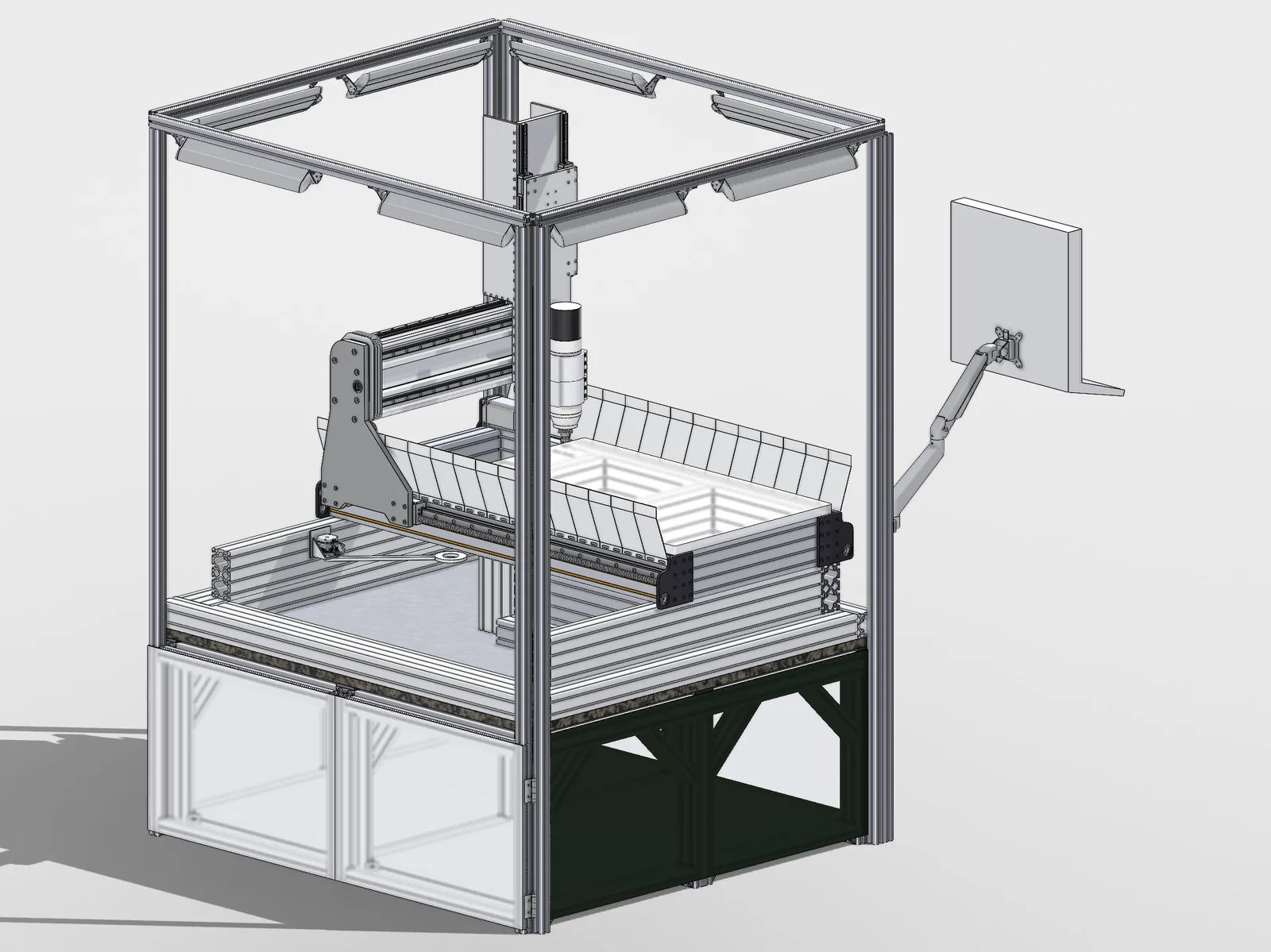 A CAD render of the full CNC machine seen from a low front corner, with an aluminium extrusion frame around it and a stand of panelled bays below