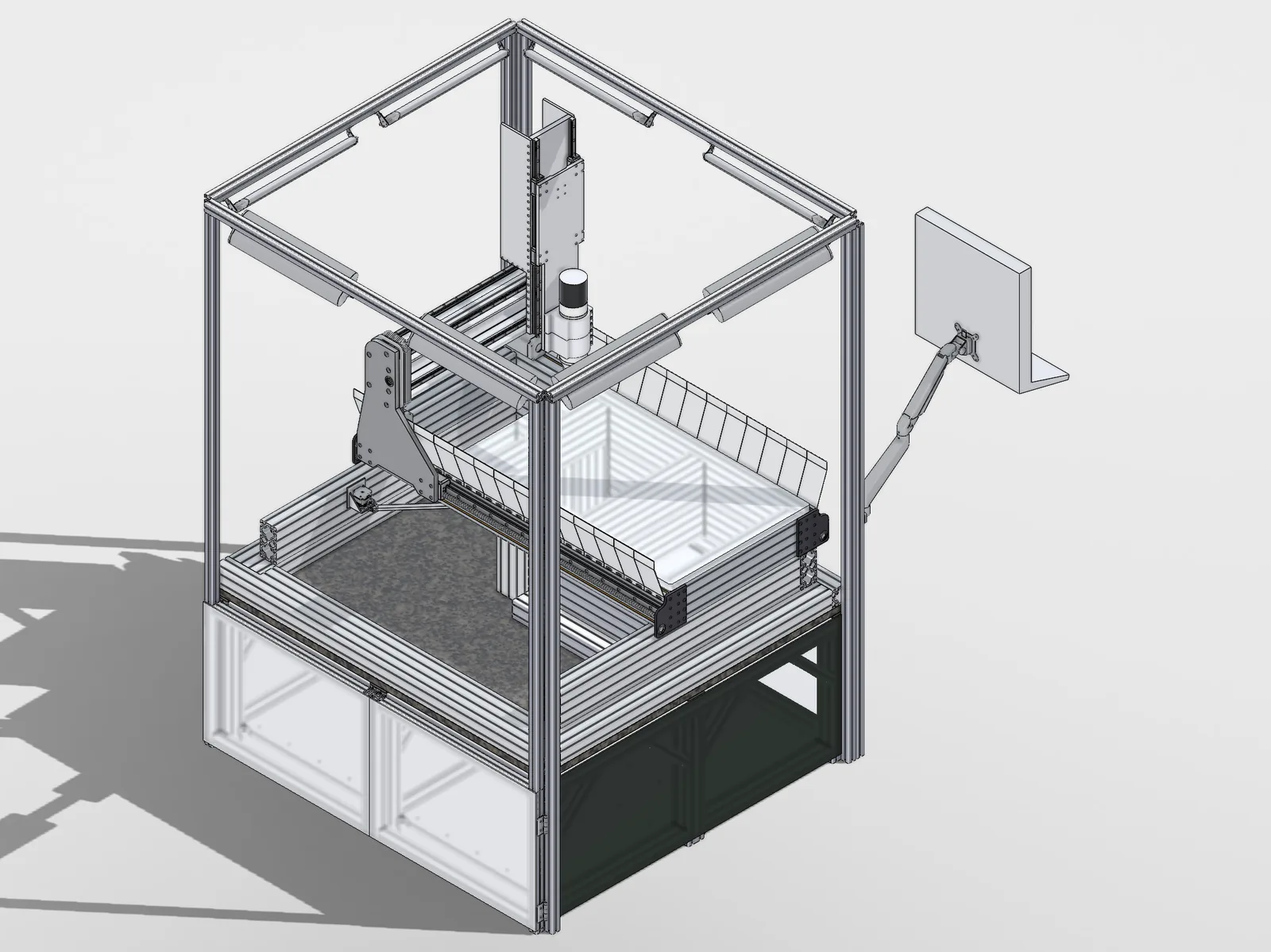 An isometric CAD render of the CNC machine from above, with the gantry at the left end of the bed and the granite slab around it