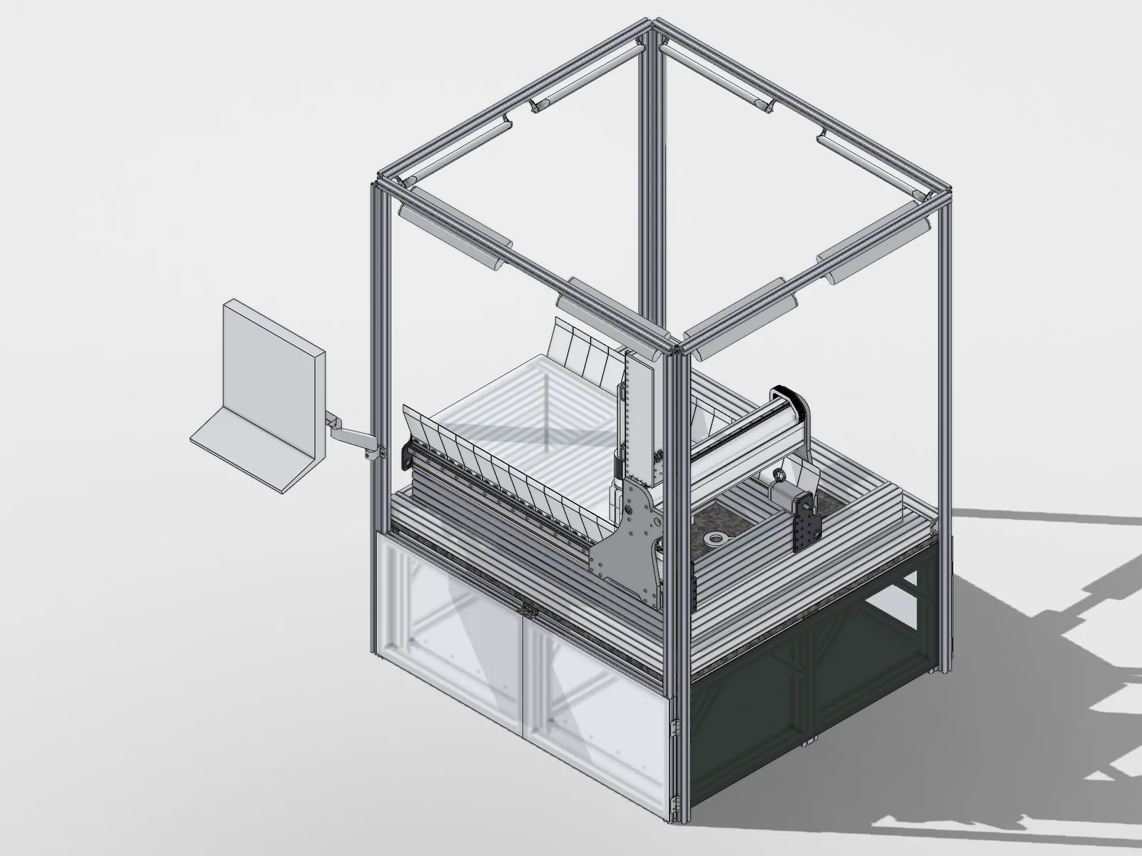 An isometric CAD render of the CNC machine from the rear corner, with the screen on its arm to the left
