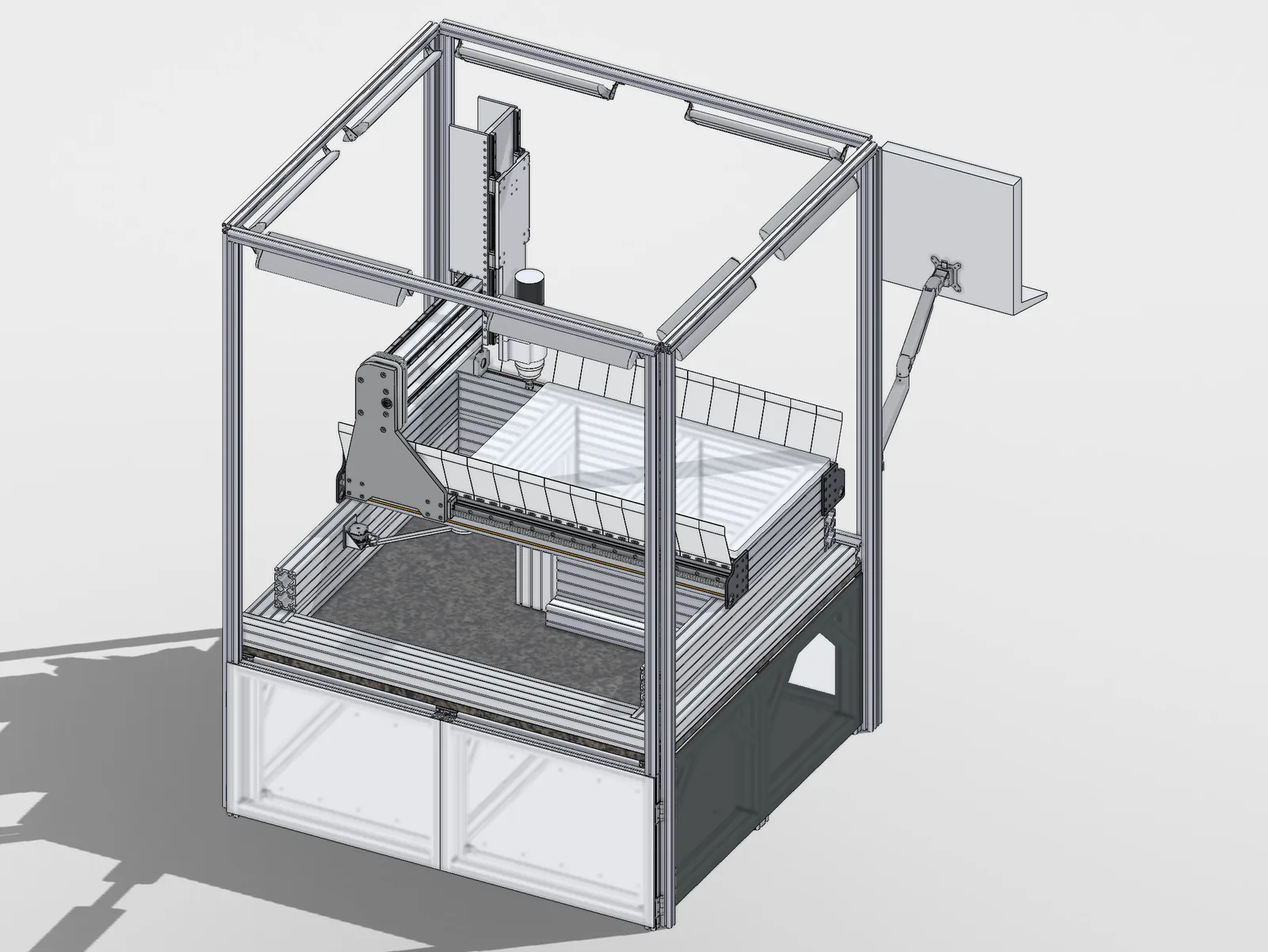 A trimetric CAD render of the CNC machine showing clear hinged doors on the front of the stand and dark panels on its side