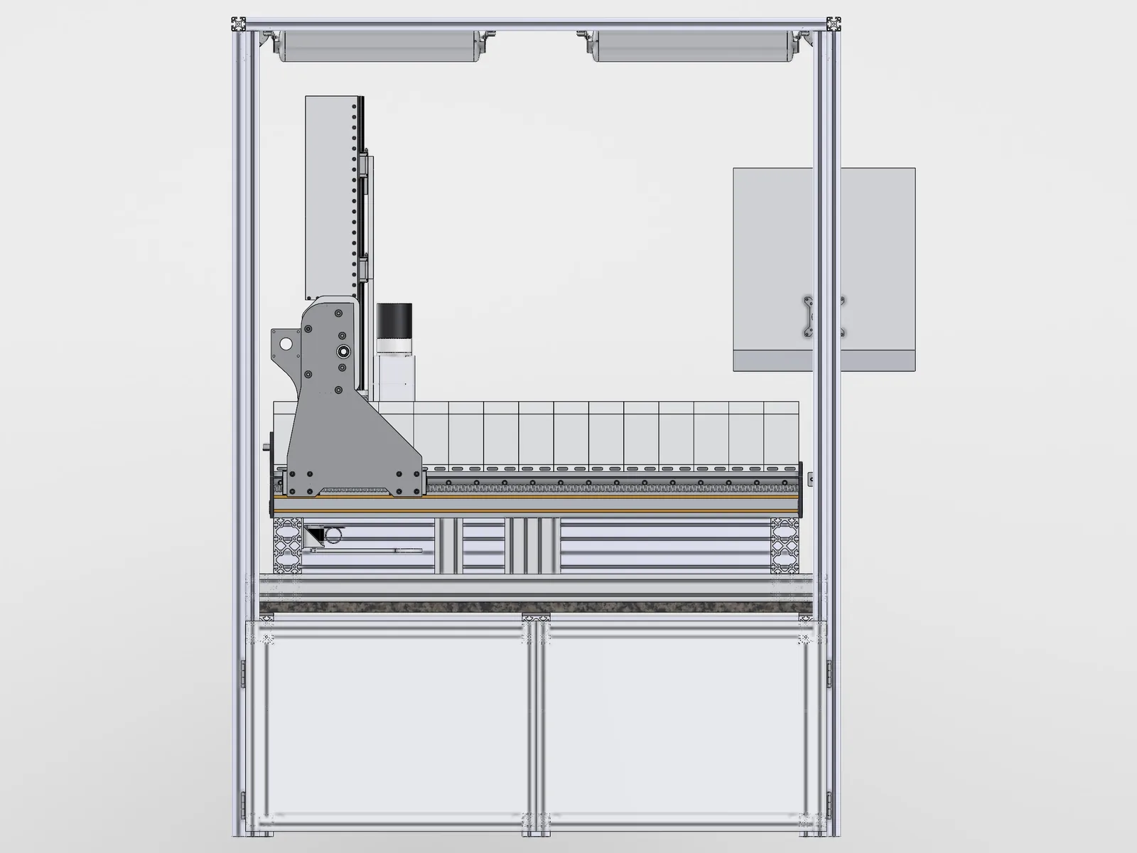 A front elevation CAD render of the CNC machine inside its extrusion frame, with the gantry at the left end
