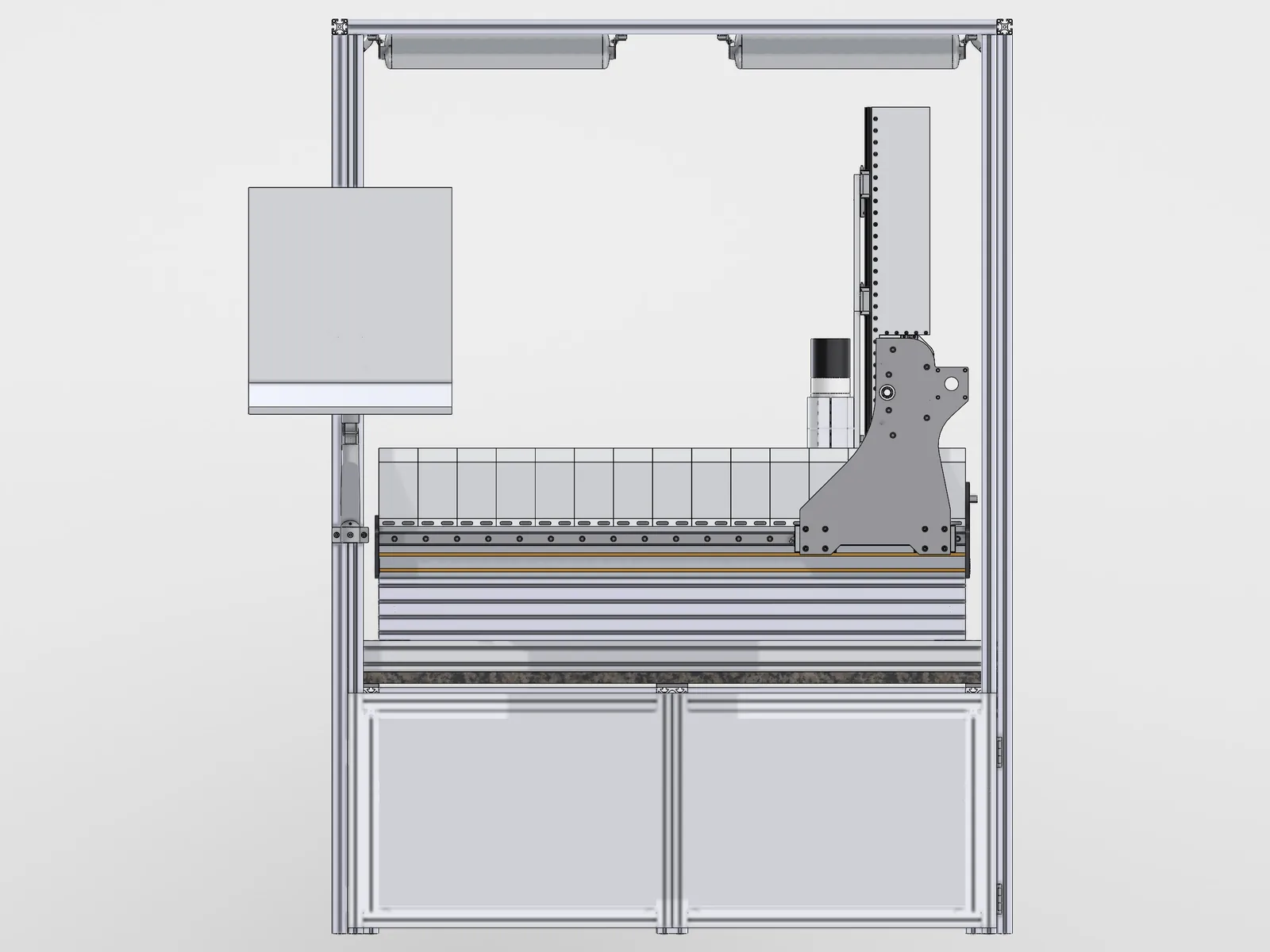 A back elevation CAD render of the CNC machine, with the gantry at the right end and the screen on the left
