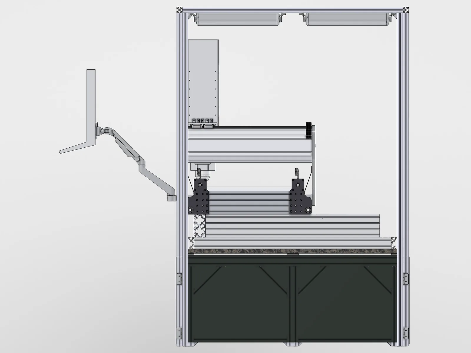 An end elevation CAD render of the CNC machine, with the gantry beam across the bed and the screen on an arm at the left
