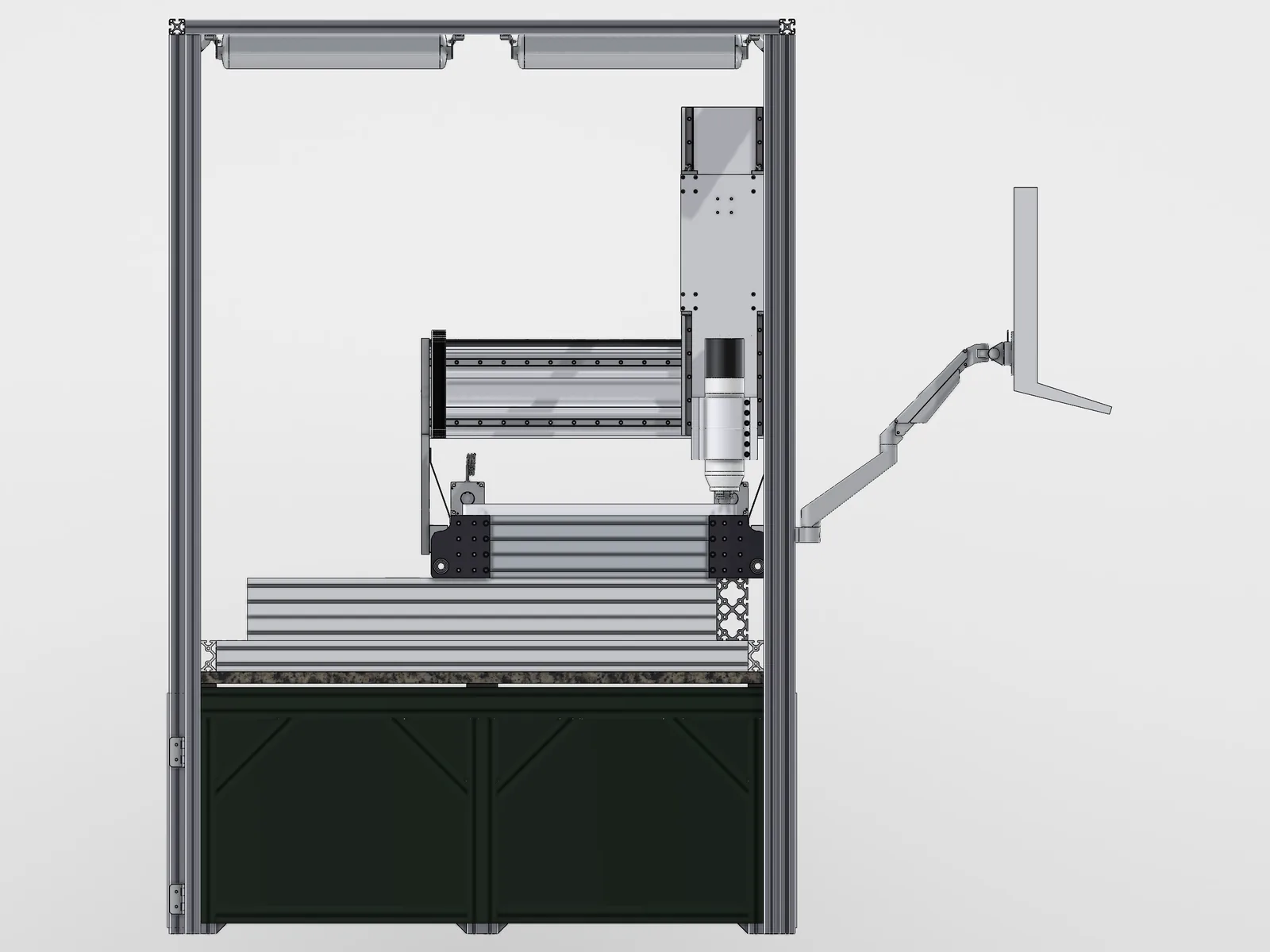An end elevation CAD render of the CNC machine from the right, with the spindle under the gantry beam
