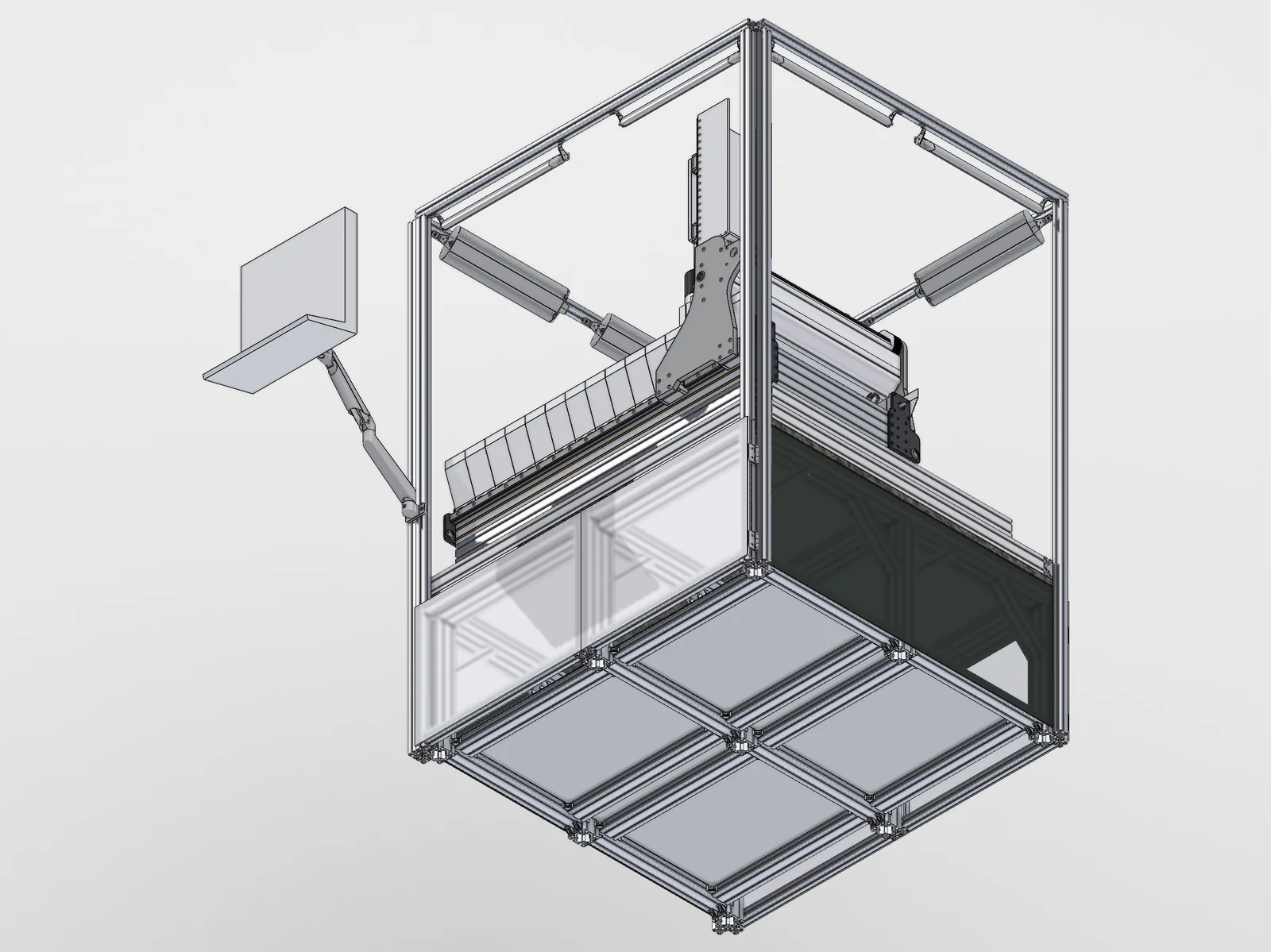 A CAD render of the CNC machine seen from below, showing the bottom panels of the stand on a grid of extrusion
