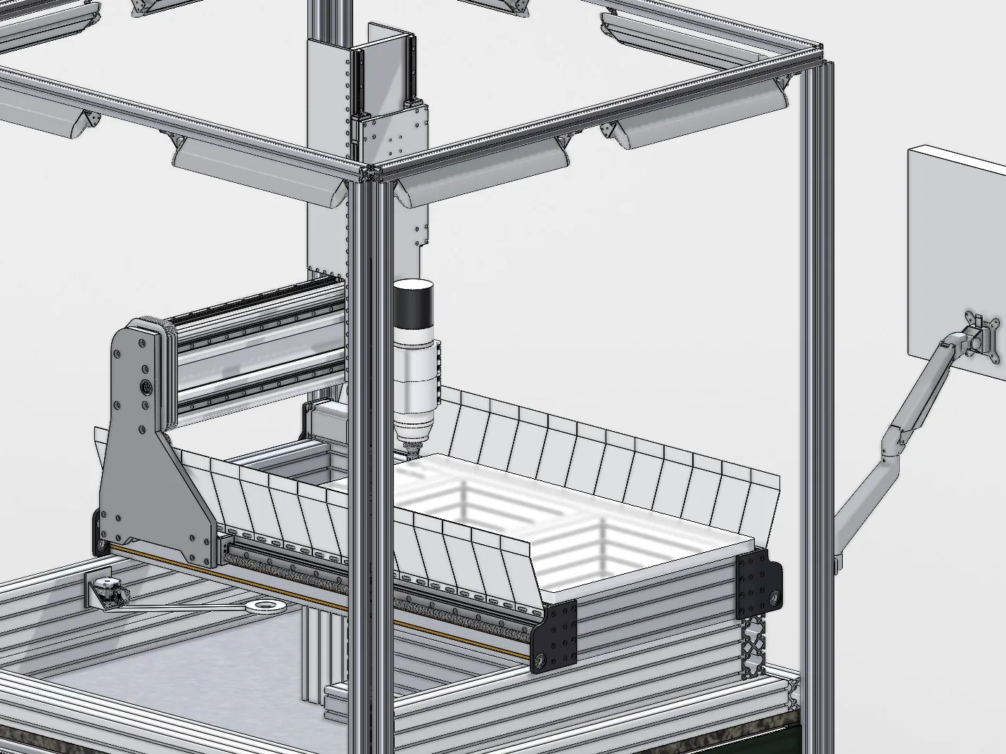 A close CAD render of the gantry: a grey side plate with bolt holes, the beam carrying two rails, and the spindle hanging over the white vacuum plate