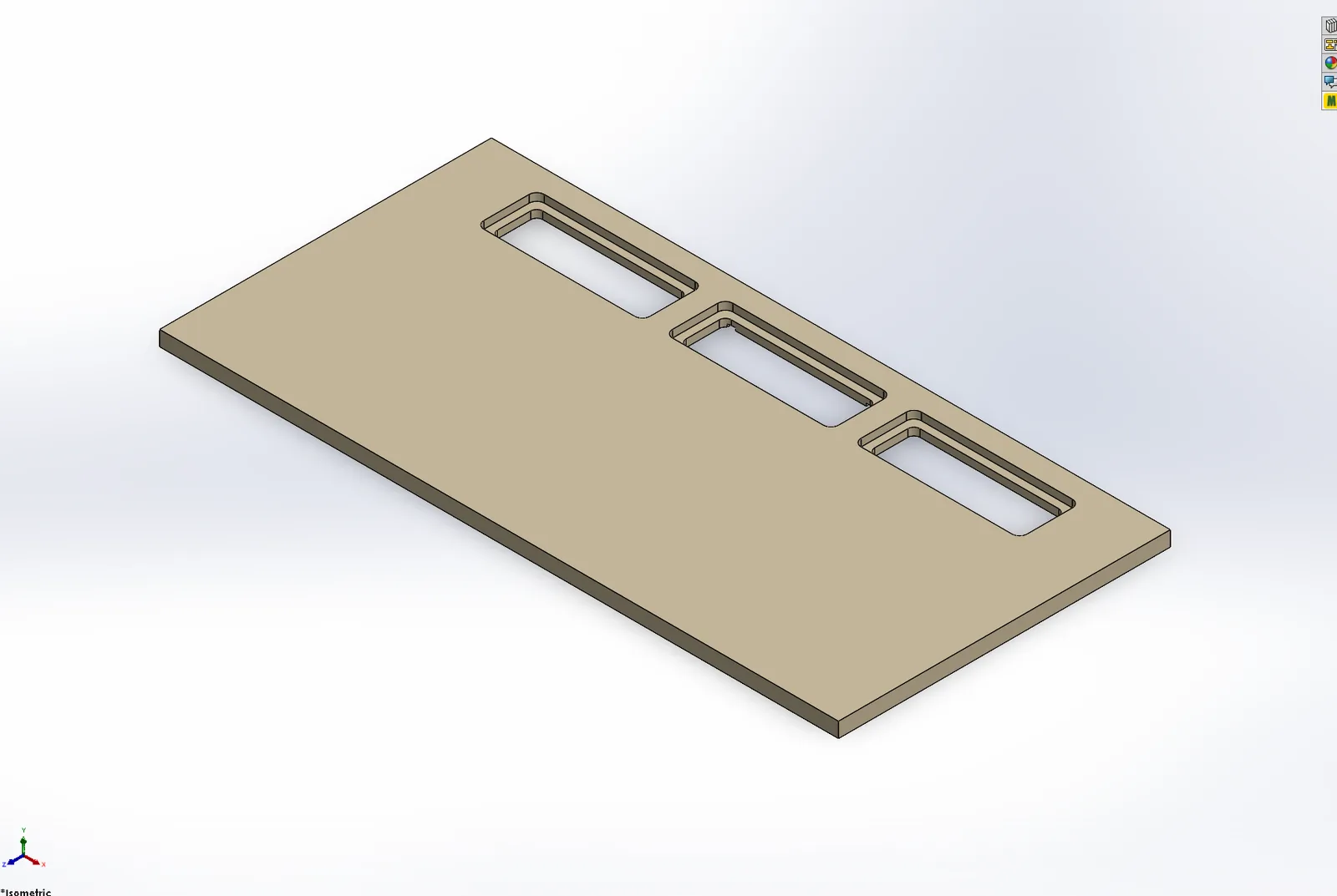 CAD view of a wood desk top with three rectangular port cut-outs in a row along one edge