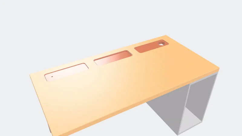 Animation of three module inserts rising out of a desk top and settling back into their ports