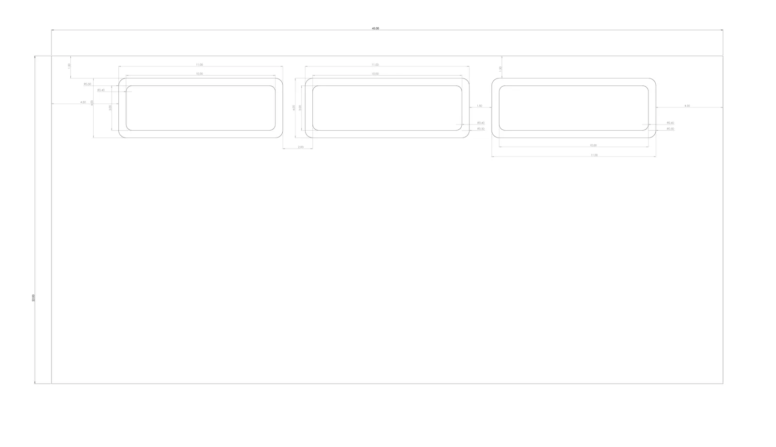 Dimensioned engineering drawing of the medium desk top showing three port cut-outs with radii and step depths
