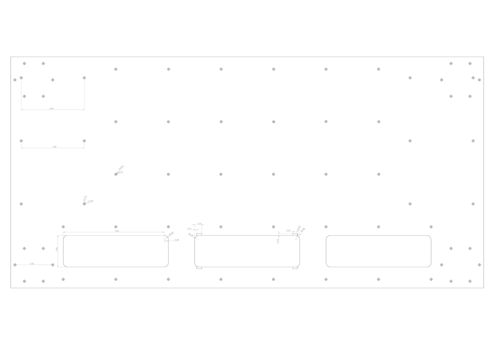 Dimensioned drawing of the desk underside showing a regular grid of mounting holes
