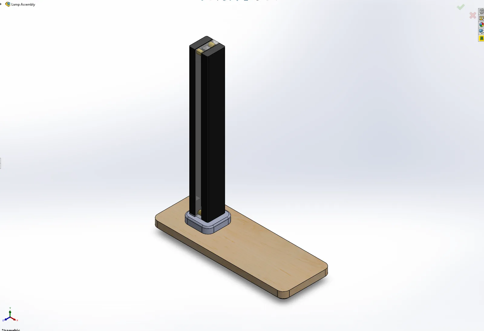 CAD view of a tall rectangular work lamp mounted on a port insert