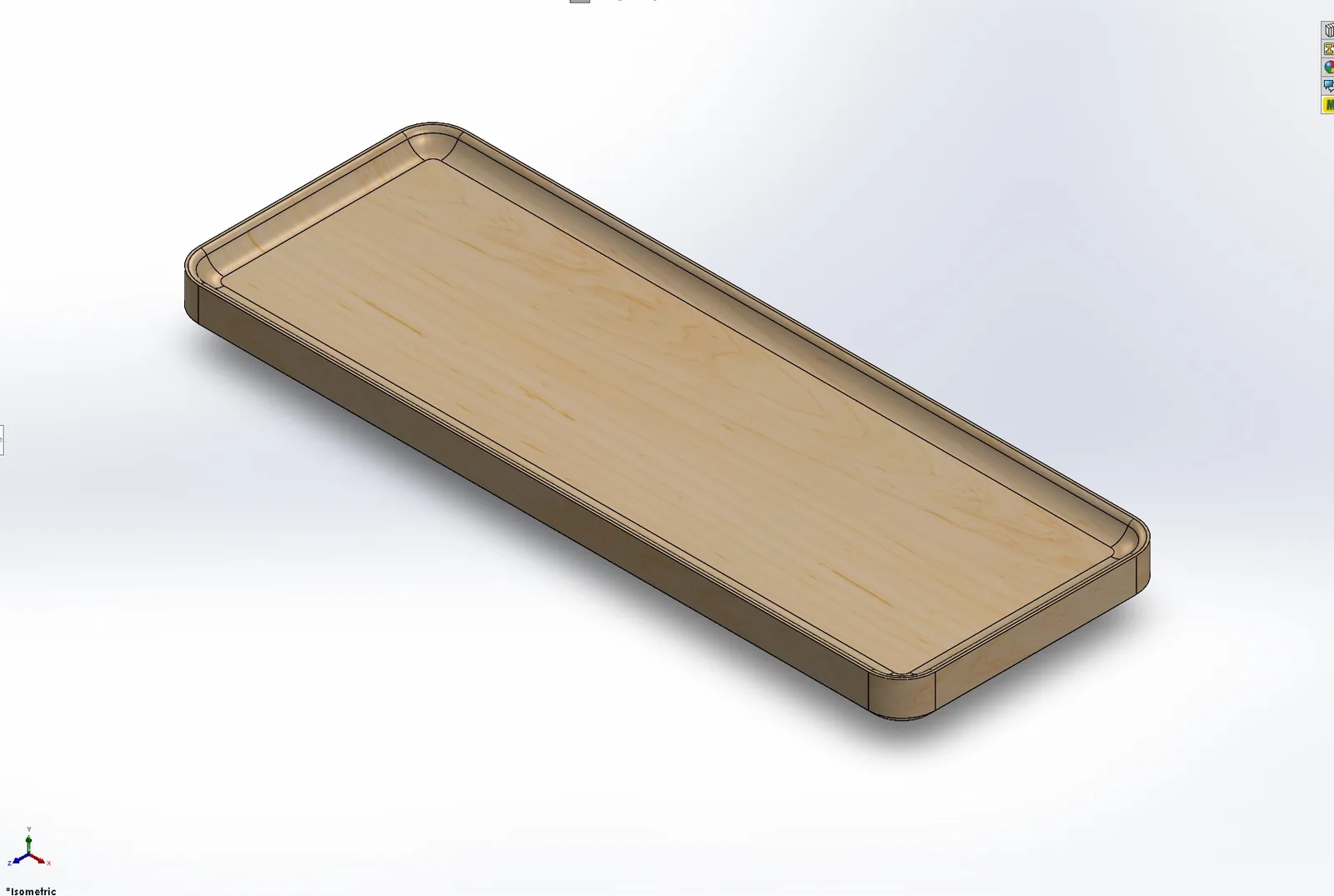 CAD view of a shallow wooden tray with a raised rim and rounded corners