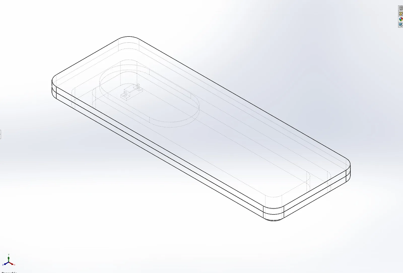 Wireframe CAD view of a flat rounded insert with a circular recess in the middle