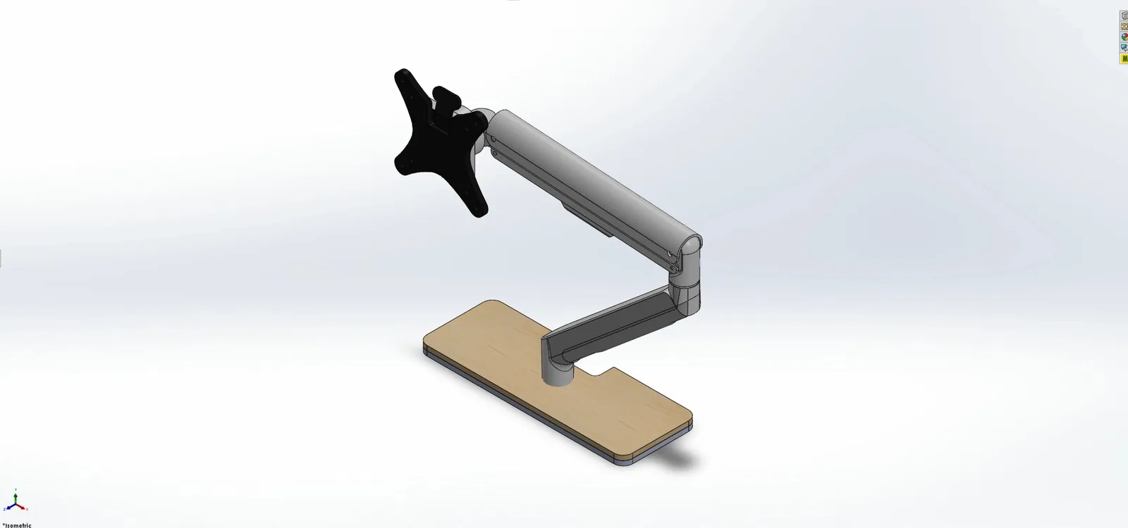 CAD view of a single monitor arm standing on a wooden port insert
