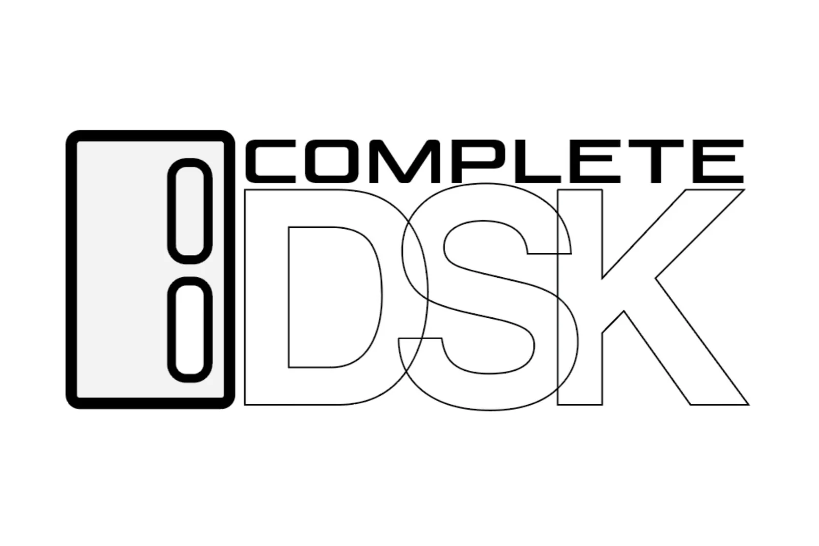 Black outline logo with two rounded slots standing upright in a tall rounded box beside the words COMPLETE DSK