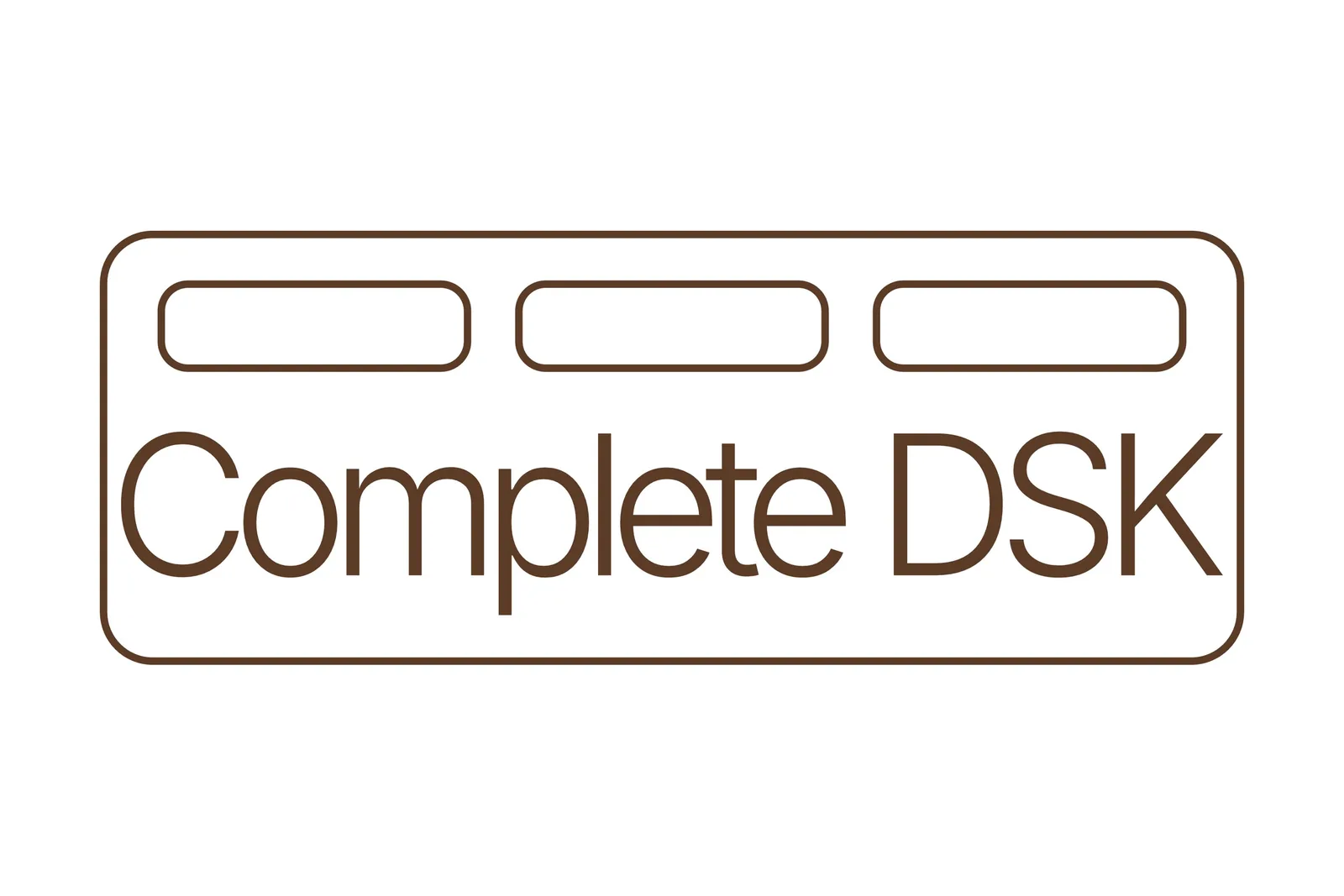 Brown outline logo with three rounded slots in a row above the words Complete DSK, inside a rounded rectangle