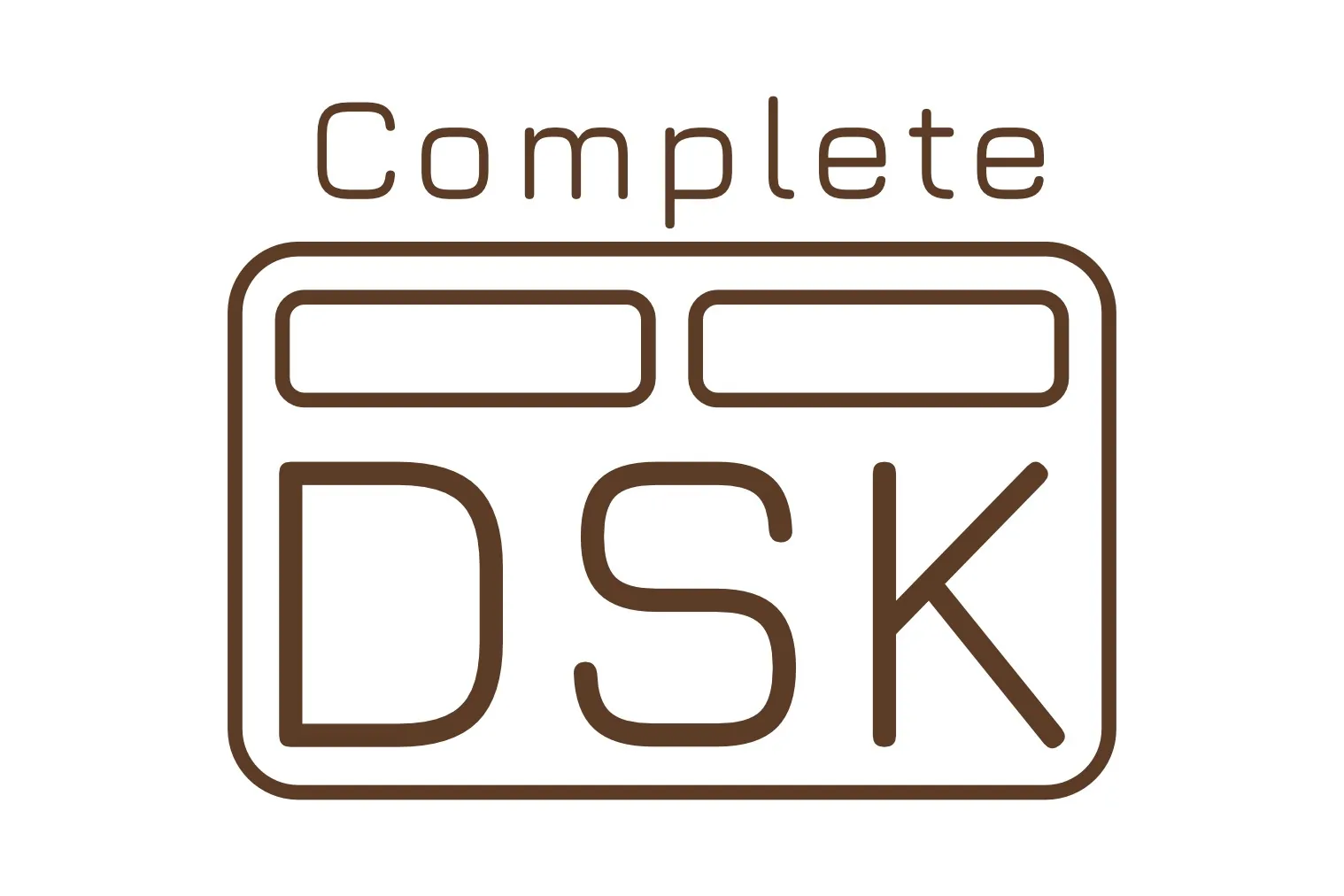 Brown outline logo reading Complete above a rounded rectangle that holds two rounded slots and the letters DSK