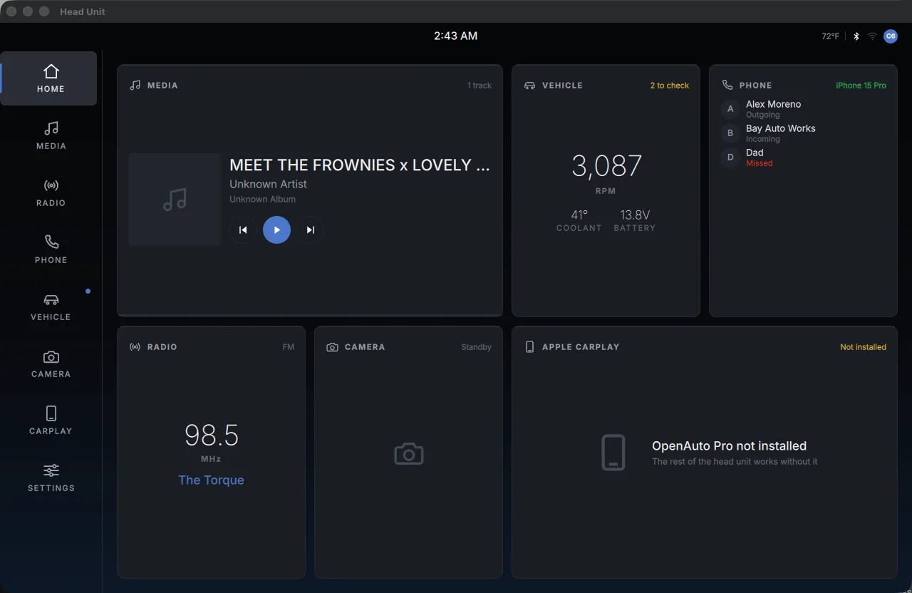 The home screen, a live widget grid for media, vehicle, phone and CarPlay