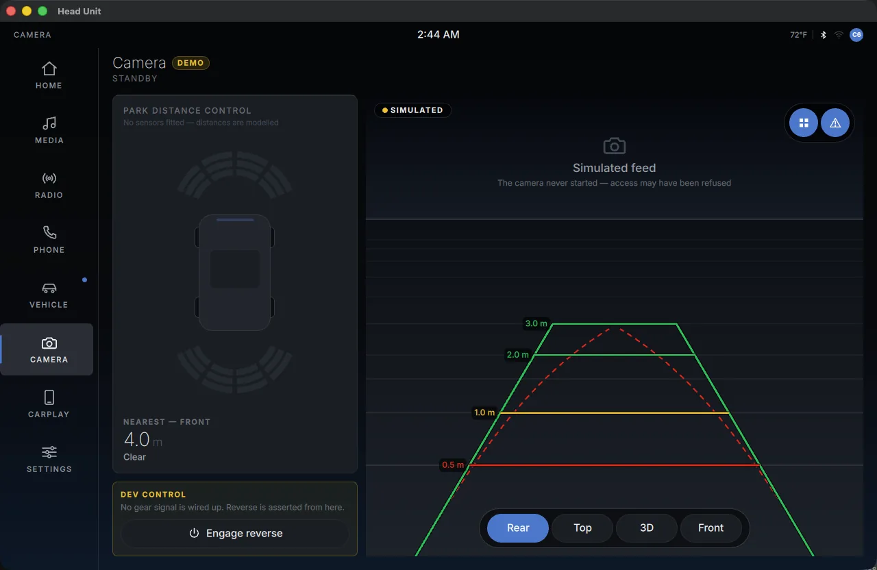 The reversing camera screen, steering linked guidelines over a simulated feed since no camera is fitted yet