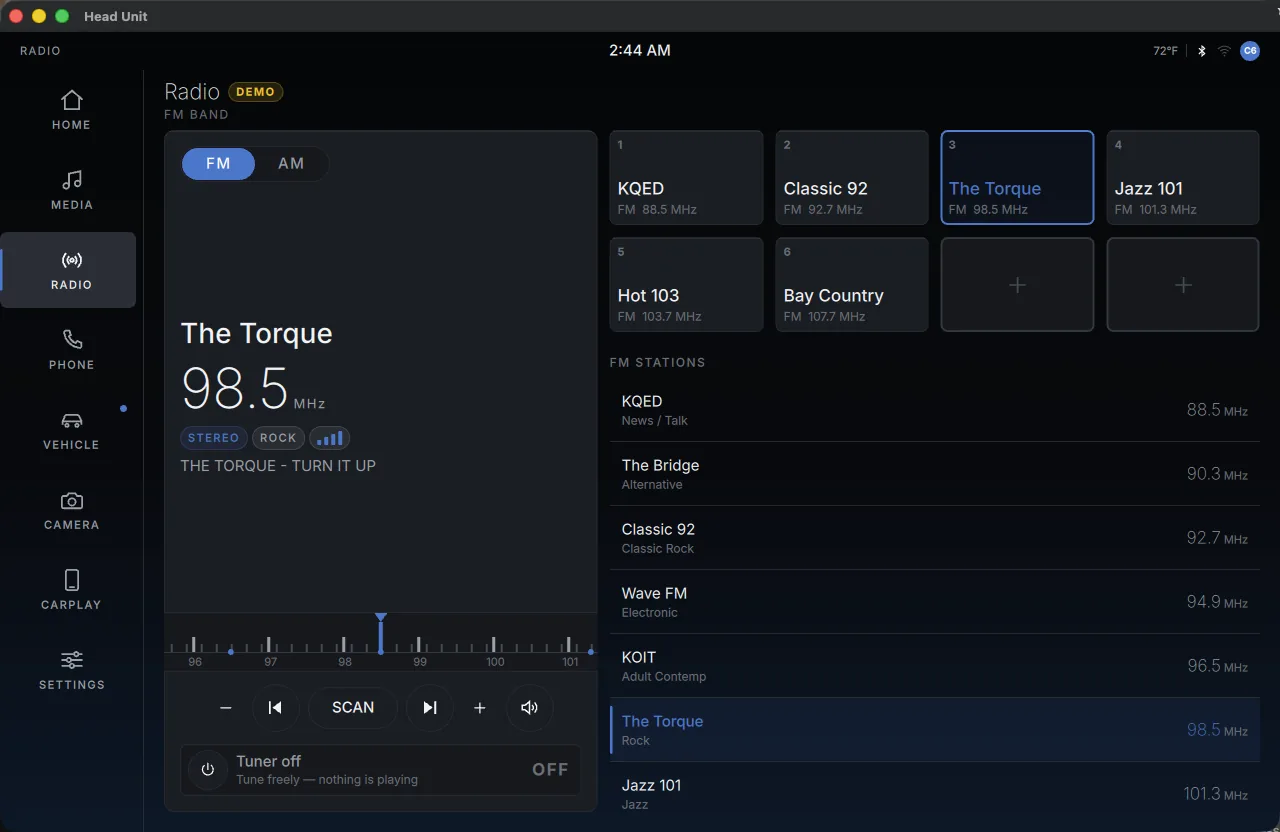 The radio screen, an FM tuner with a frequency ruler, eight presets and a station list