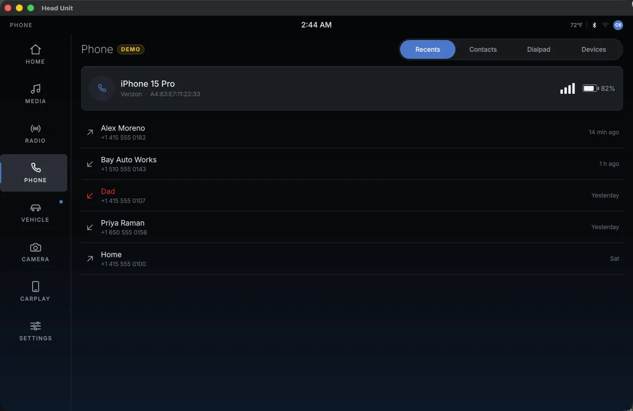 The phone screen, pairing, recents and a dialer, all clearly marked DEMO