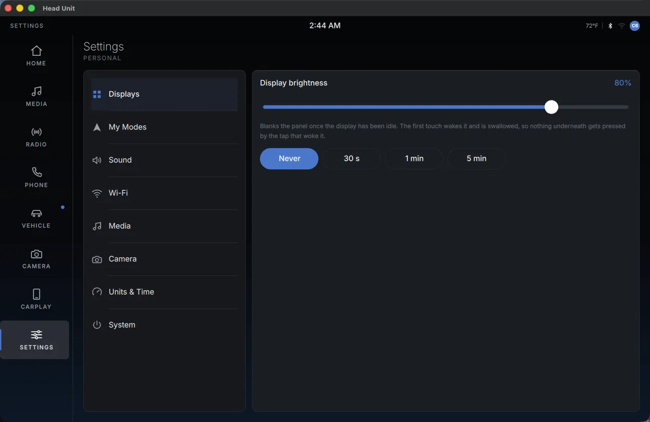 The settings screen, display, sound, Wi-Fi and system preferences